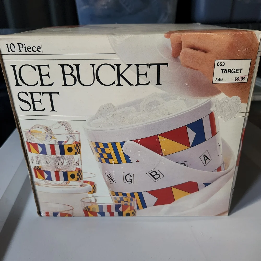 Vintage NEW In Box Nautical Boating 10 Piece Ice Bucket and Acrylic Glass Set